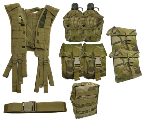 Cadet MOLLE Webbing Set - 1 x 8 Point Harness/ 2 x Bottles + Pouch/ Belt/ 2 x Steyr Pouches/ 2 x Minimi Pouches/ 1 x Utility Pouch